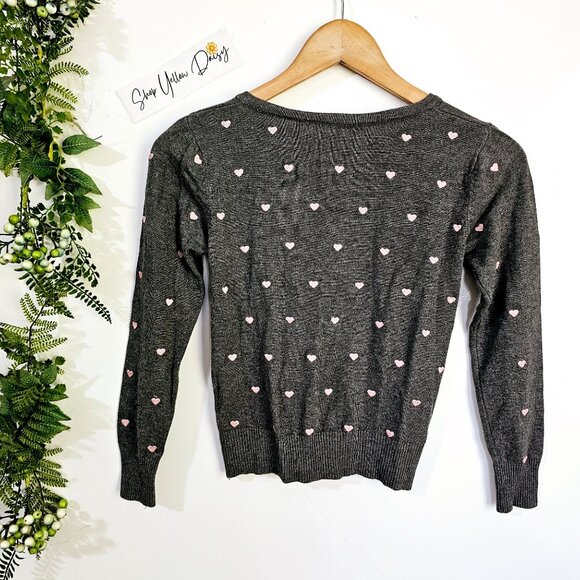 Papaya Girls Sz Small Gray Cardigan Sweater With Pink Heart Pattern ~SW125.7 - Picture 2 of 4